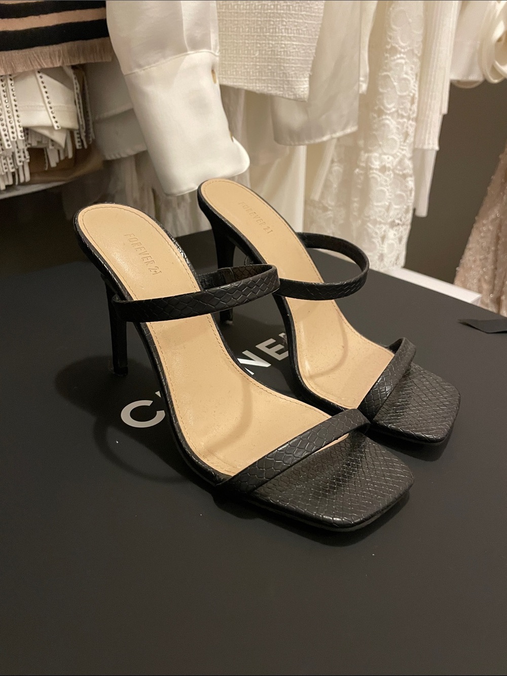 Forever 21 Black Textured Double-Strap Stiletto Heels